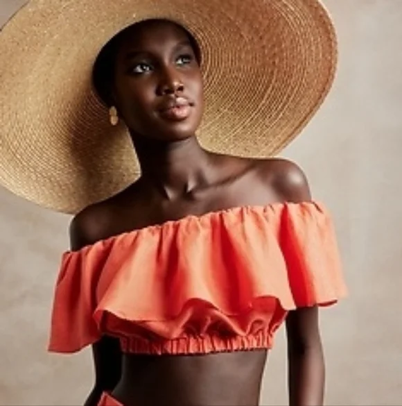 Banana Republic Meridian Linen Off The Shoulder Ruffle Crop Top Coral - Size S - Picture 1 of 7